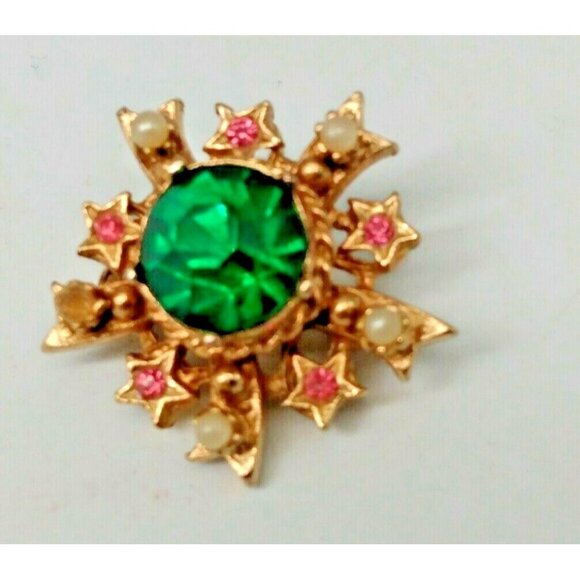 Vintage Coro Star Brooch Green & Pink Rhinestone Pearl seed bead 1 1/4" - Picture 3 of 9